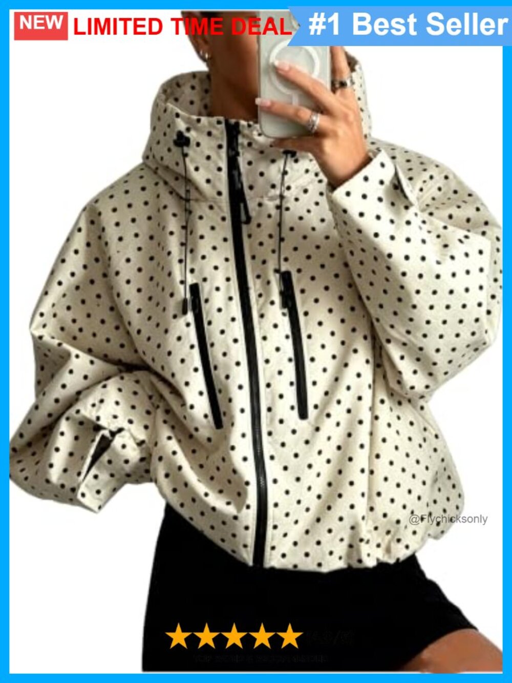 Women's Polka Dot Hooded Windbreaker Zip Up Casual Jacket Pockets
